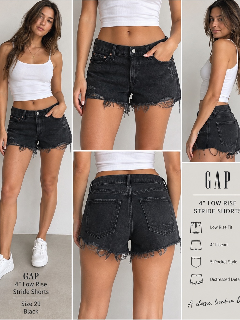 GAP Black Distressed Low-Rise Denim Shorts